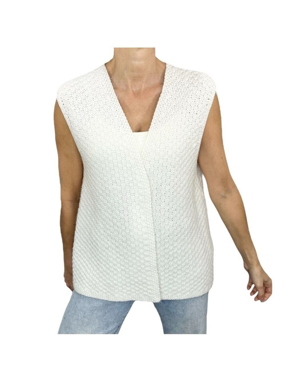 Minimalist hand knit open front white boxy grandma cardigan sweater vest